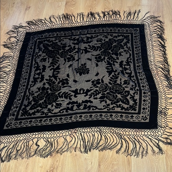 Large 55” Square Black Velvet and Sheer Silk Hand Tied Tassels Piano Shawl Wrap - Picture 2 of 5